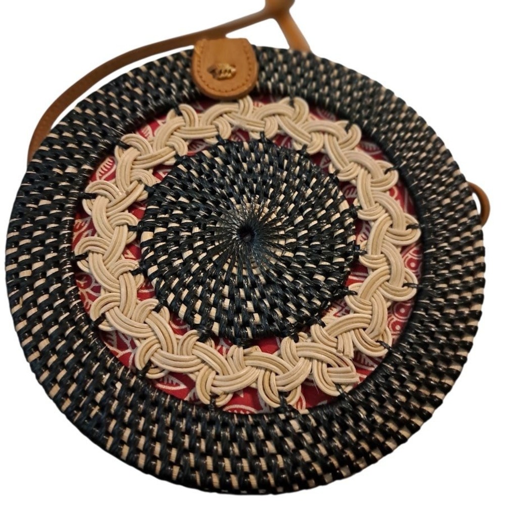 Handwoven Round Rattan Crossbody Bag Black Cream Woven Straw Batik Lining 8in - Picture 5 of 14